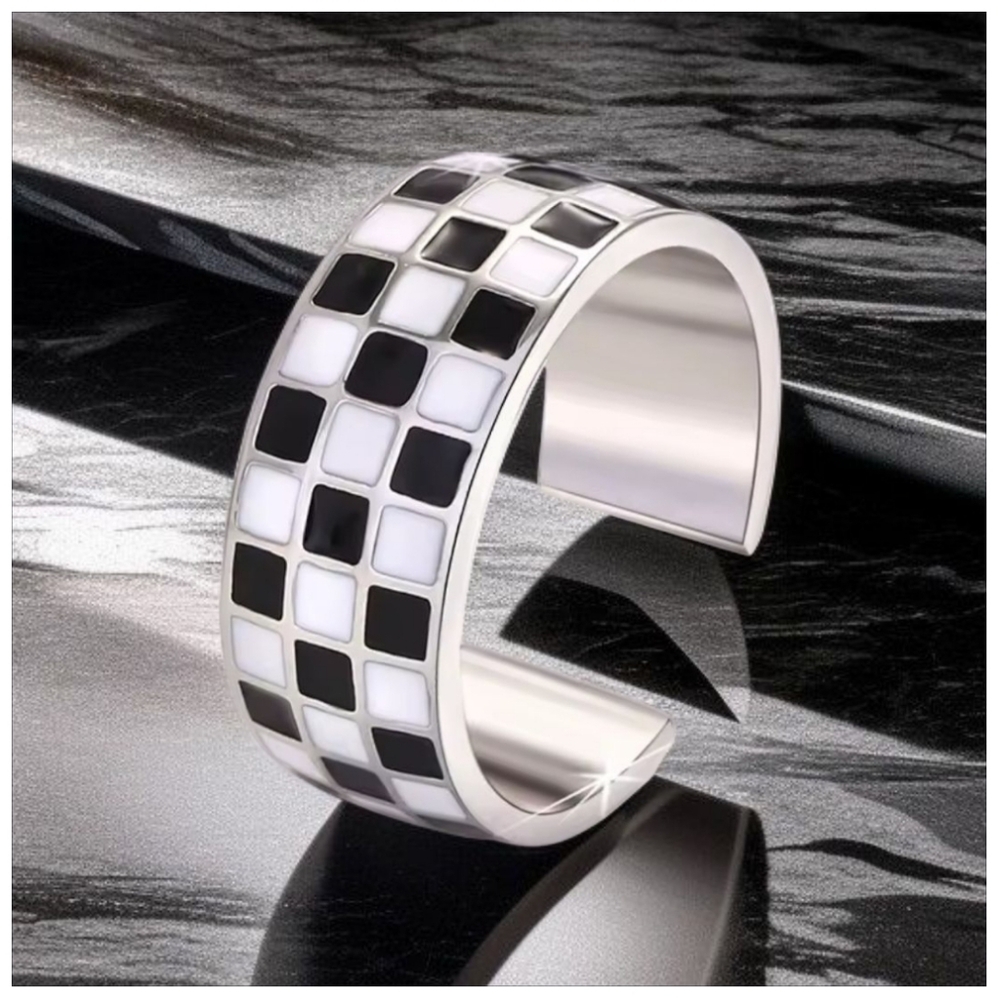 Silver 925 Checkerboard Black White Enamel Chunky Ring - Picture 4 of 5